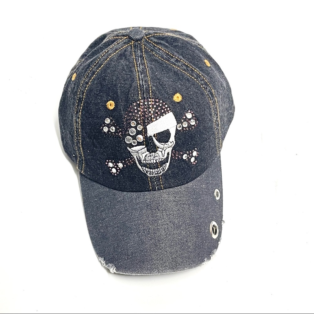 Pirate Skull women embroider distressed Denim cap with stones Adjustable